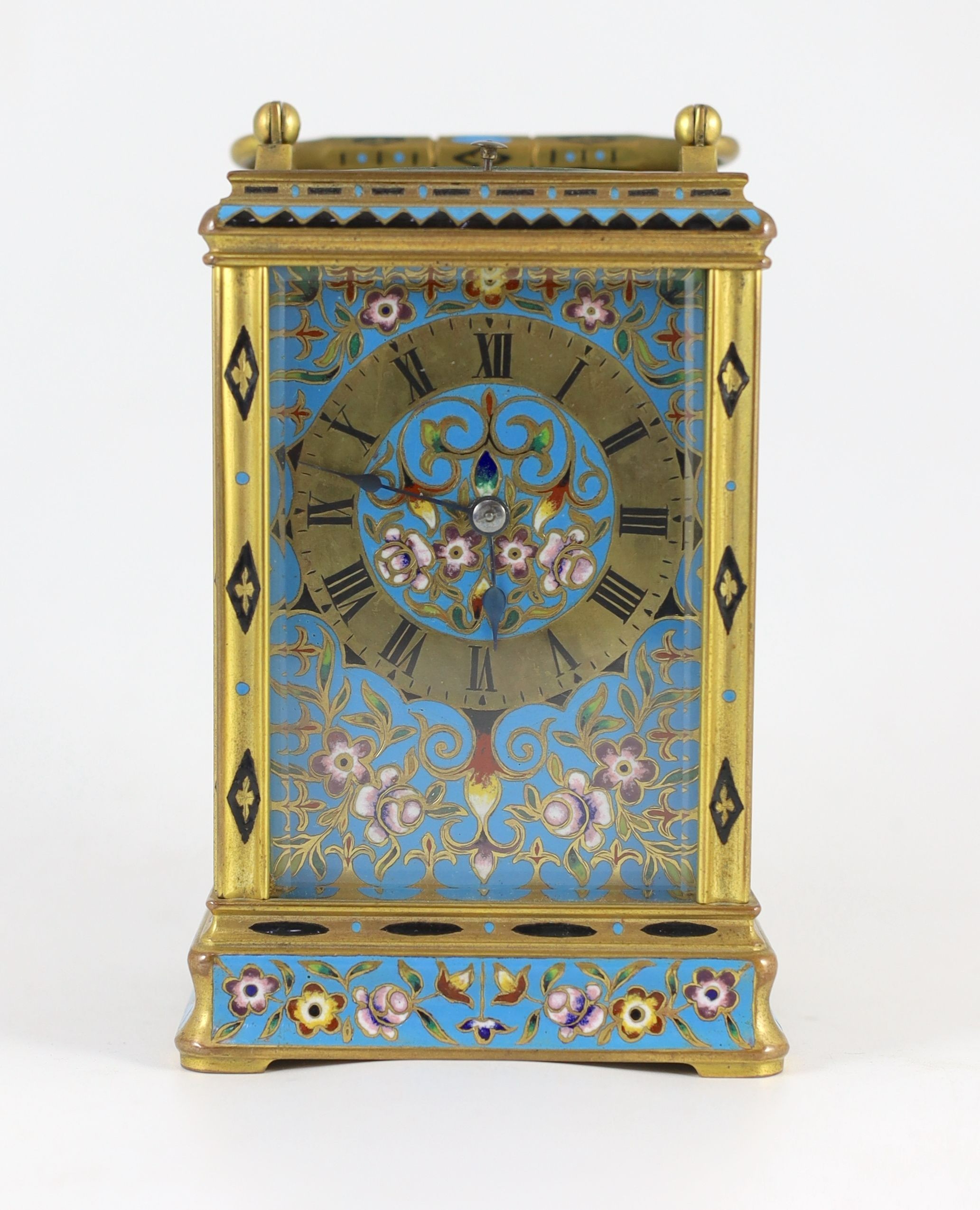 Alfred Drocourt of Paris. A mid 19th century French ormolu and champleve enamel hour repeating carriage clock, width 9.5cm, depth 8cm, height 15cm